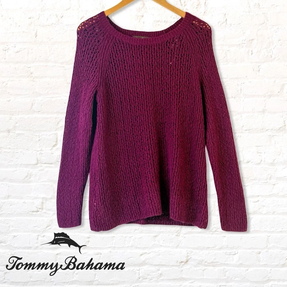 Tommy Bahama Women’s Open Knit Crewneck Sweater Size Large Sangria Wine Berry